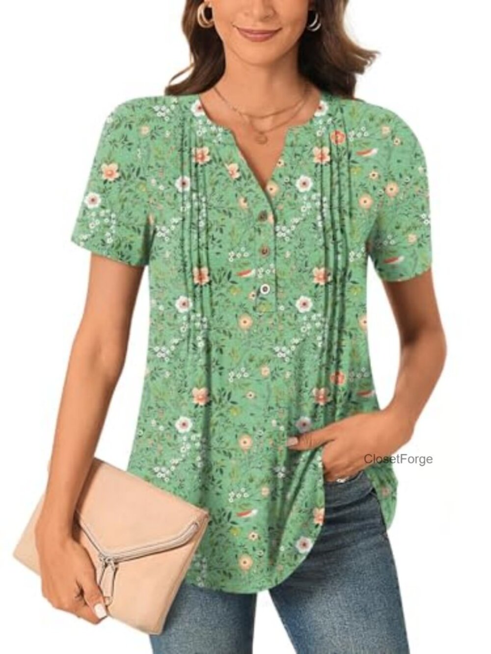Women's Tunic Short Sleeve V-Neck Button Down Pleated Blouse Casual Summer Top